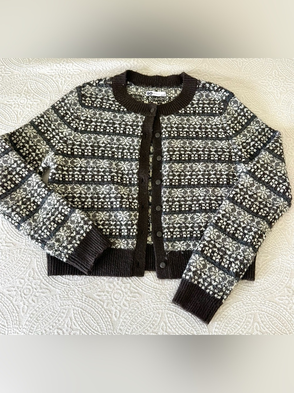 SO Goods For Life Fair Isle Knit Brown Button Down Sweater Kohls Large